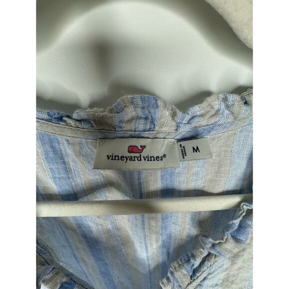 Vineyard Vines Tiered Ruffled Linen V-neck Blue Striped Dress Size M - Picture 8 of 8